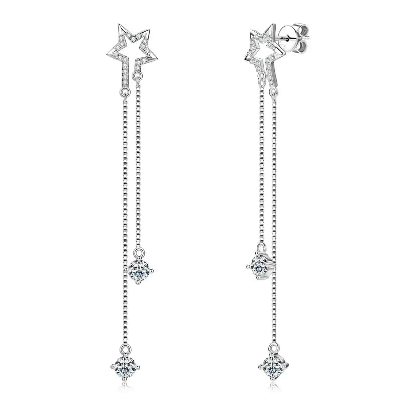 4mm D Color Moissanite Star Tassel Earrings – 925 Sterling Silver Long Chain Dangle Jewelry for Women | Melisande