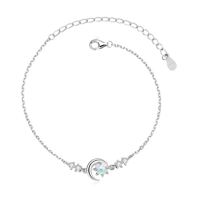 White Opal Sun & Moon Bracelet, Real 925 Sterling Silver Chain with 5A Zircon Stones – Women’s Fine Jewelry – Melisande