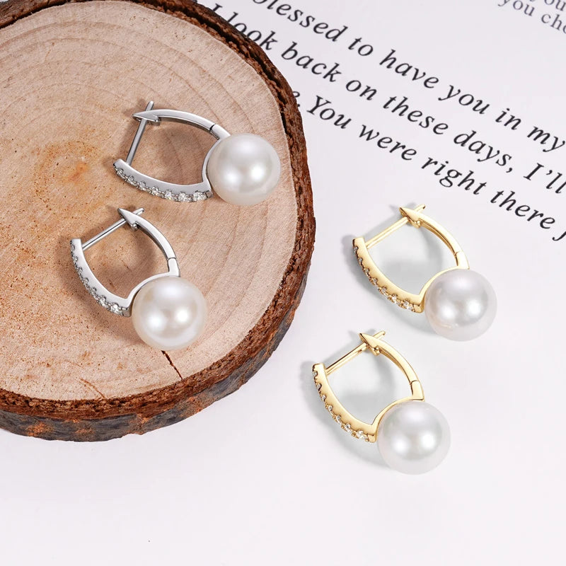 Moissanite & Pearl Hoop Earrings – 925 Sterling Silver 10mm Hoops with 1.8mm Stones Women’s Jewelry Gift | Melisande