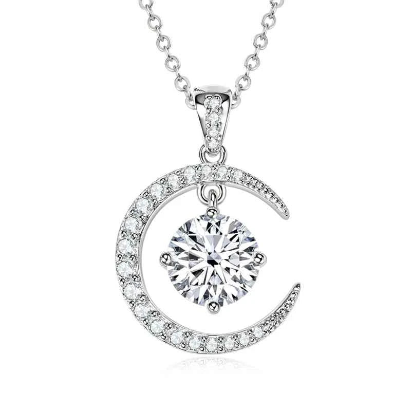 Anziw 8mm 2.0CT Moissanite Sun Crescent Pendant Necklaces For Women 925 Silver Adjustable Chain Charm GRA Certified Jewelry Gift