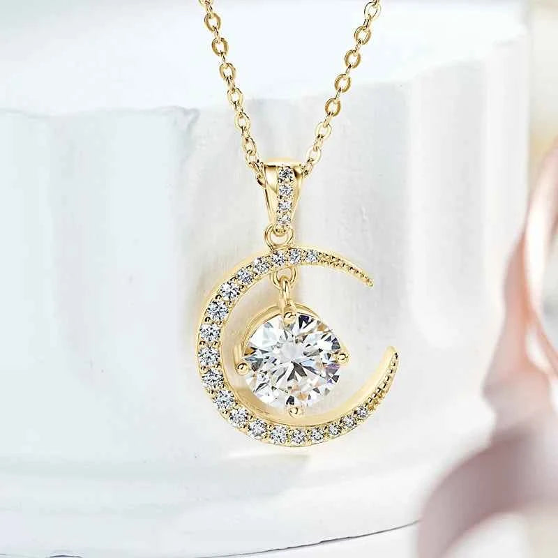 Anziw 8mm 2.0CT Moissanite Sun Crescent Pendant Necklaces For Women 925 Silver Adjustable Chain Charm GRA Certified Jewelry Gift