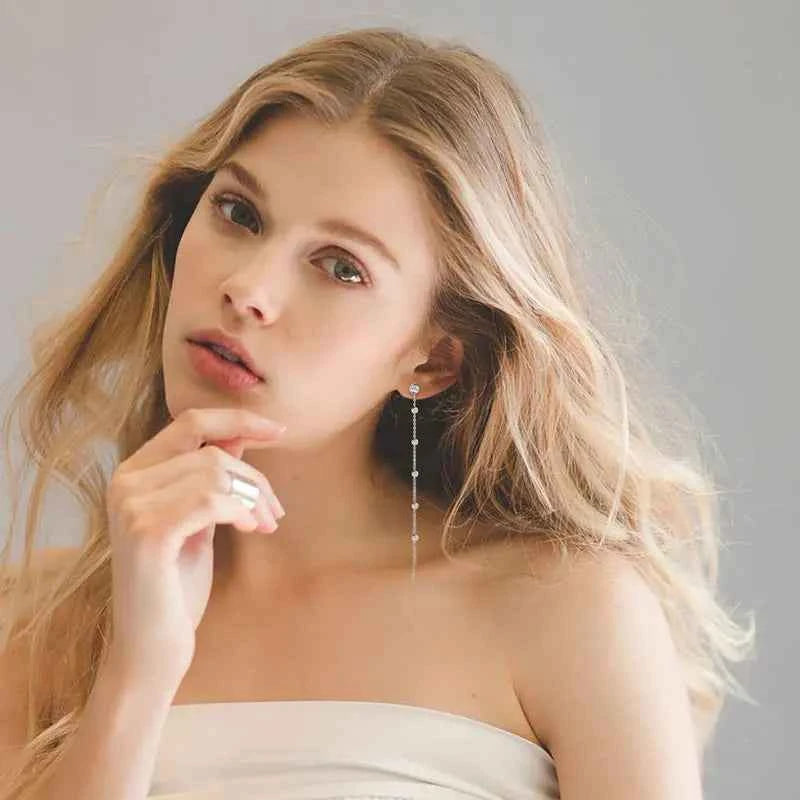 925 Sterling Silver Long Tassel Moissanite Drop Earrings, 5mm & 3mm Stones, Double Chain 10–11.5cm Design – Melisande
