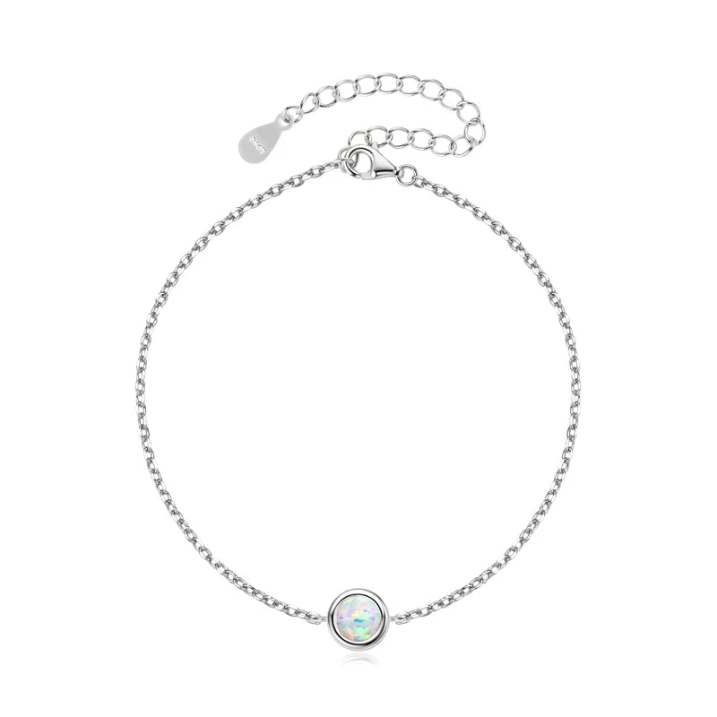 Bezel 6mm White Opal Solitaire Bracelet, Adjustable 925 Sterling Silver Chain  – Melisande