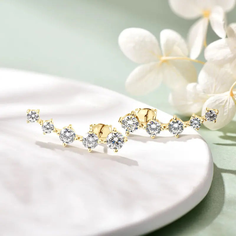 4.5mm / 4mm / 3mm All Moissanite Climber Earrings, 925 Sterling Silver Stud Design – Unisex Fine Jewelry for Women & Men – Melisande