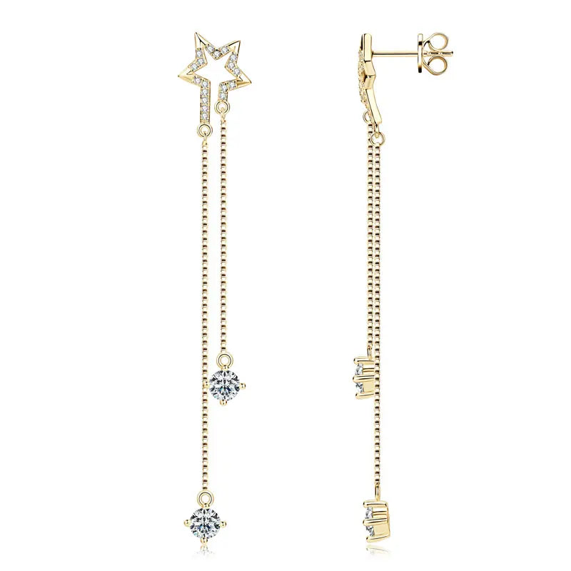 4mm D Color Moissanite Star Tassel Earrings – 925 Sterling Silver Long Chain Dangle Jewelry for Women | Melisande