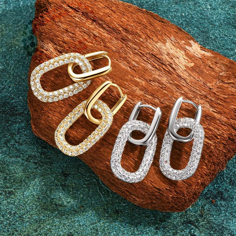 925 Sterling Silver Paperclip Link Hoop Earrings – Round Moissanite Drop Dual-Purpose Jewelry for Women | Melisande