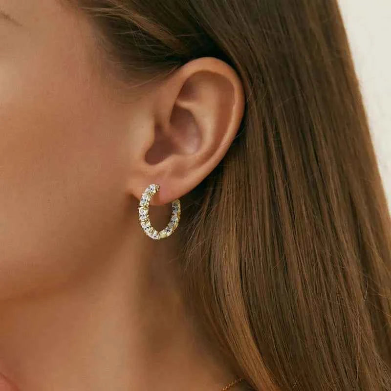 Emerald Cut Gemstone Drop Hoop Earrings, 14K Gold Plated 925 Sterling Silver, Green Marquise & Round CZ Stones – Melisande