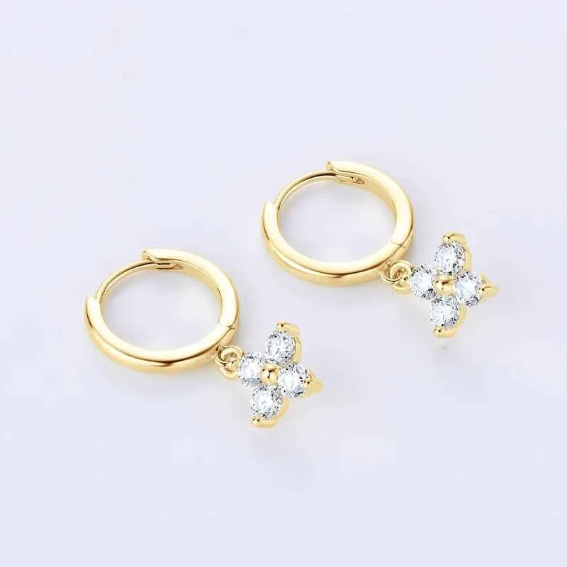 925 Sterling Silver Four-Leaf Clover Drop Hoop Earrings, 3mm D Color Moissanite Stones – Melisande