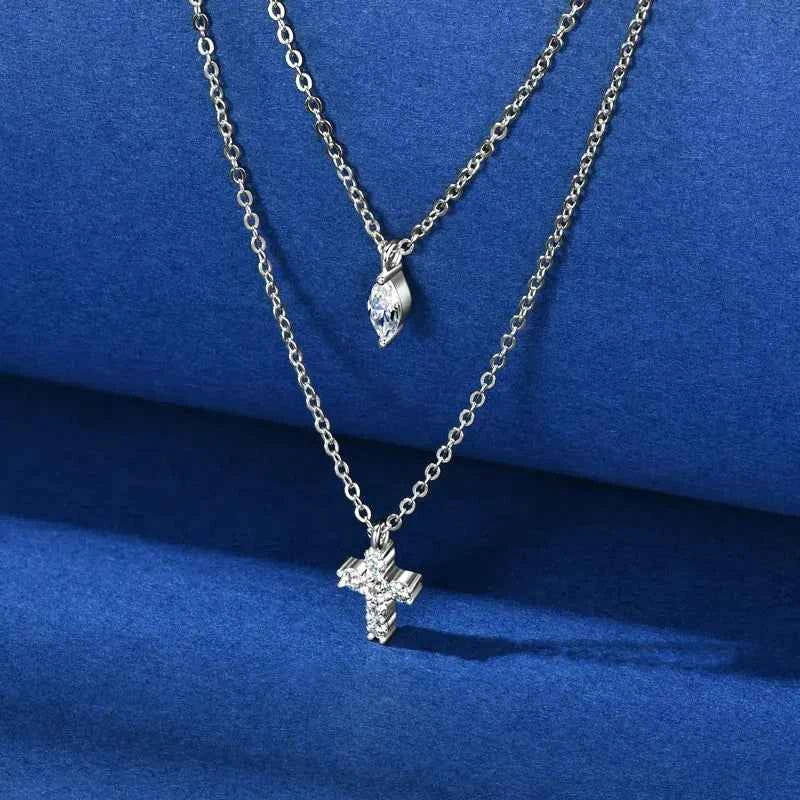 Moissanite Cross Pendant Double Layer Necklace, 925 Sterling Silver Faith & Religion Charm – Melisande