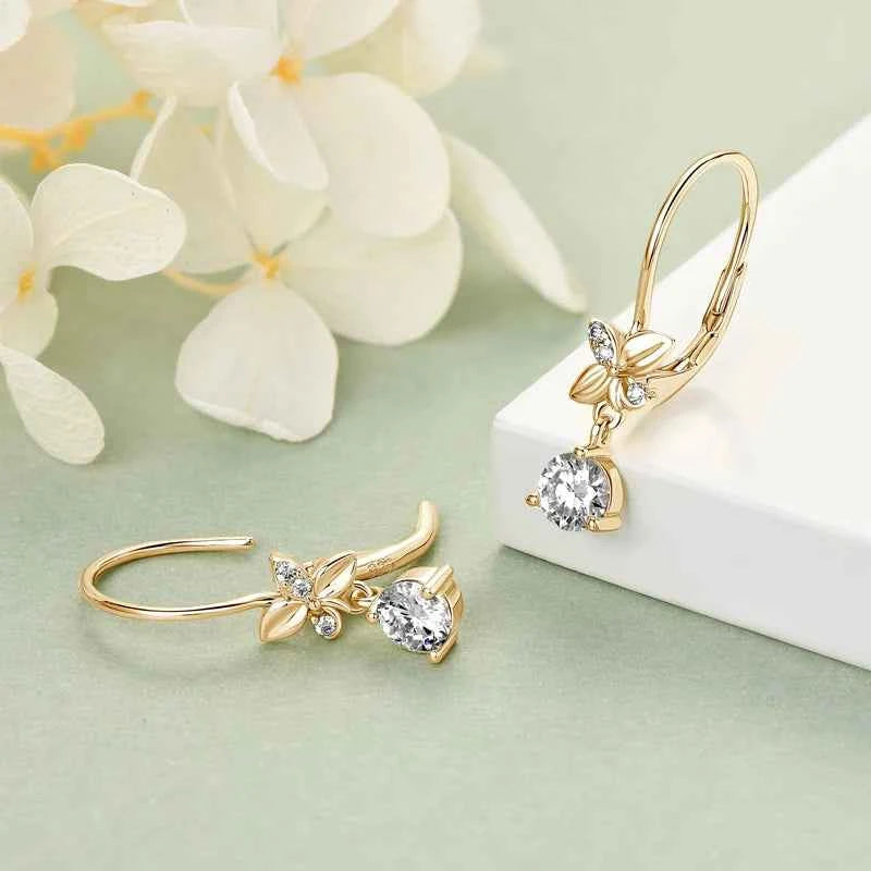 Moissanite Drop Clip Earrings – 925 Sterling Silver 5mm Round Four-Leaf Clover Design | Melisande