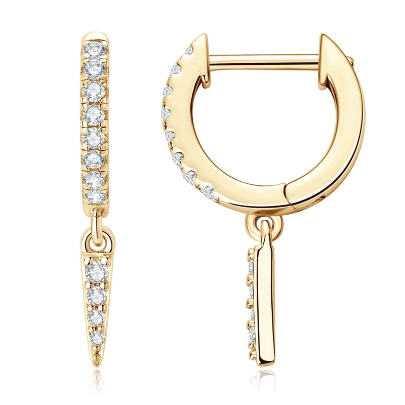 925 Sterling Silver Hoop Huggie Earrings – Triangular Moissanite Drop Design | Melisande