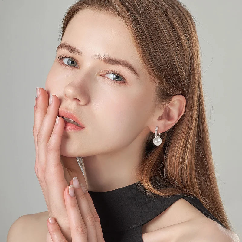 Moissanite & Pearl Hoop Earrings – 925 Sterling Silver 10mm Hoops with 1.8mm Stones Women’s Jewelry Gift | Melisande