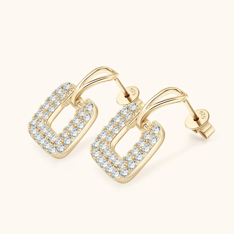 925 Sterling Silver Gold Square Moissanite Earrings – Luxury Drop Piercing | Melisande