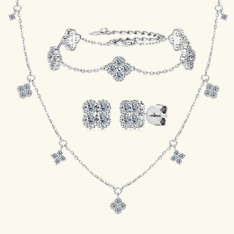 3mm D Color Moissanite Clover Jewelry Set, 925 Sterling Silver Necklace, Earrings & Bracelet (3-in-1 Set) – Melisande