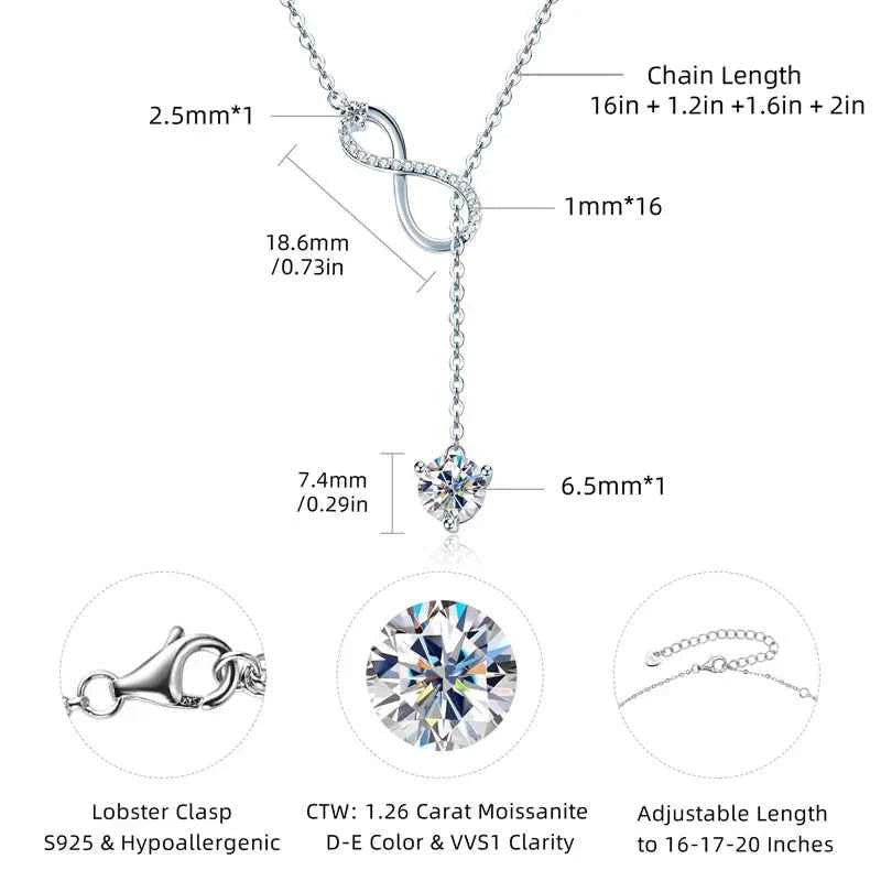 6.5mm 1.0ct D Moissanite Heart Pendant Y Shaped Infinity Necklace for Women 925 Silver Anniversary Wedding Jewelry Gift 2025 New