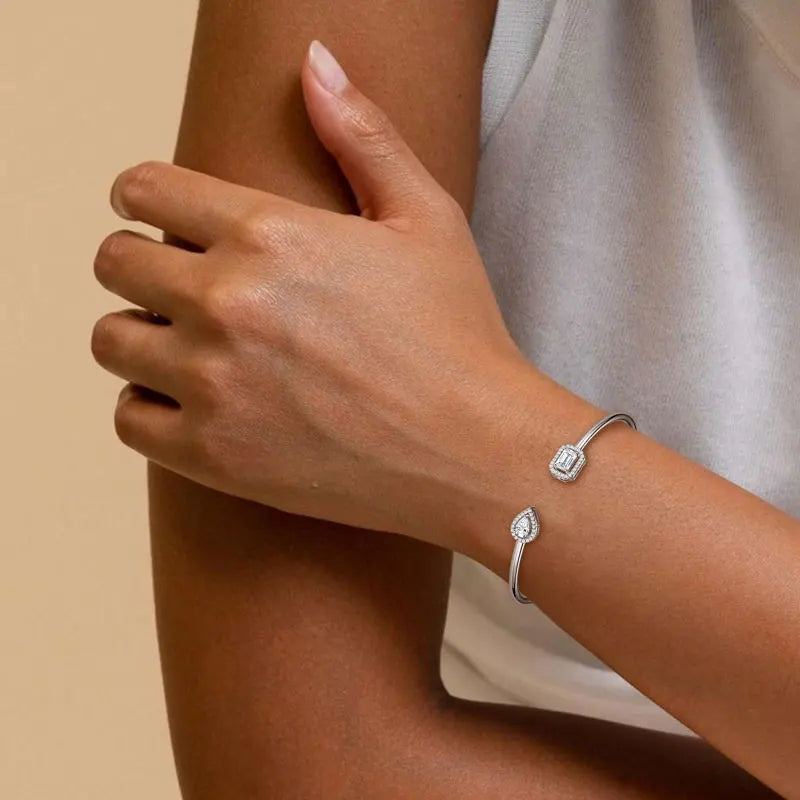 1.3cttw Pear & Emerald Cut Moissanite Bracelet – 925 Sterling Silver Twin Open Bangle Cuff for Women | Melisande