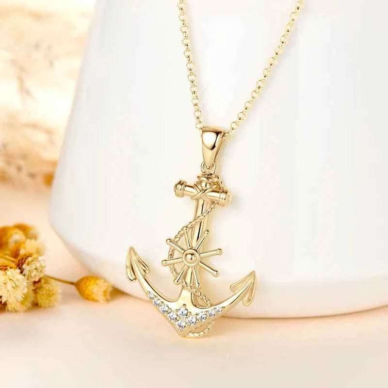 Anchor Cross Pendant Necklace with Moissanite, 925 Sterling Silver Adjustable Chain – Symbol of Faith and Strength – Melisande