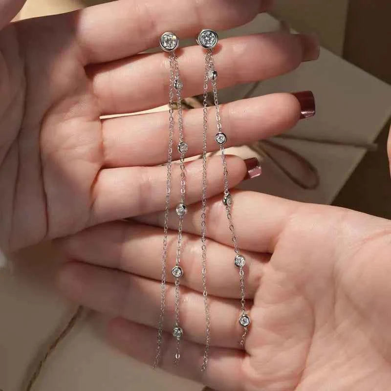 925 Sterling Silver Long Tassel Moissanite Drop Earrings, 5mm & 3mm Stones, Double Chain 10–11.5cm Design – Melisande