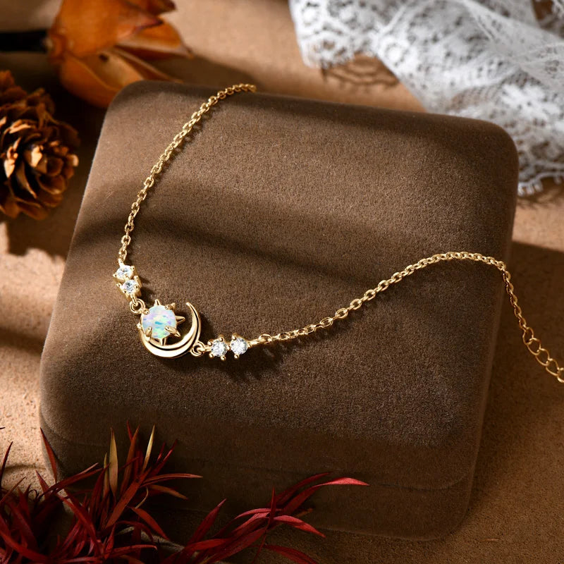White Opal Sun & Moon Bracelet, Real 925 Sterling Silver Chain with 5A Zircon Stones – Women’s Fine Jewelry – Melisande