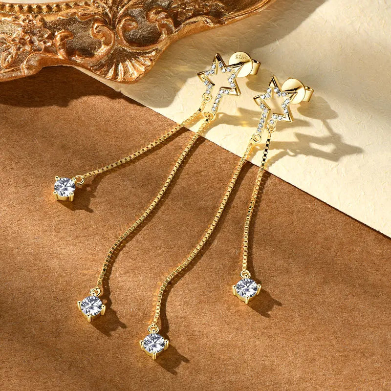 4mm D Color Moissanite Star Tassel Earrings – 925 Sterling Silver Long Chain Dangle Jewelry for Women | Melisande