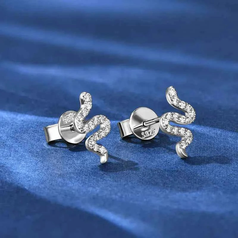 Tiny Spirit Snake Moissanite Stud Earrings, Real 925 Sterling Silver – Melisande