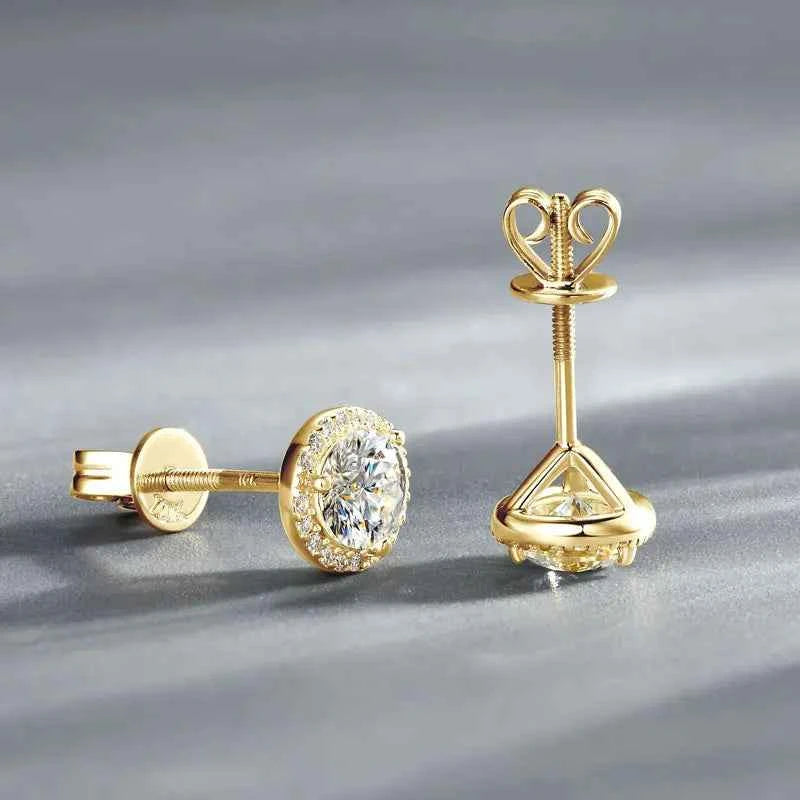 5mm 0.5ct Moissanite Halo Stud Earrings, Real 10K Solid Gold Screw Back Piercing Design – Melisande