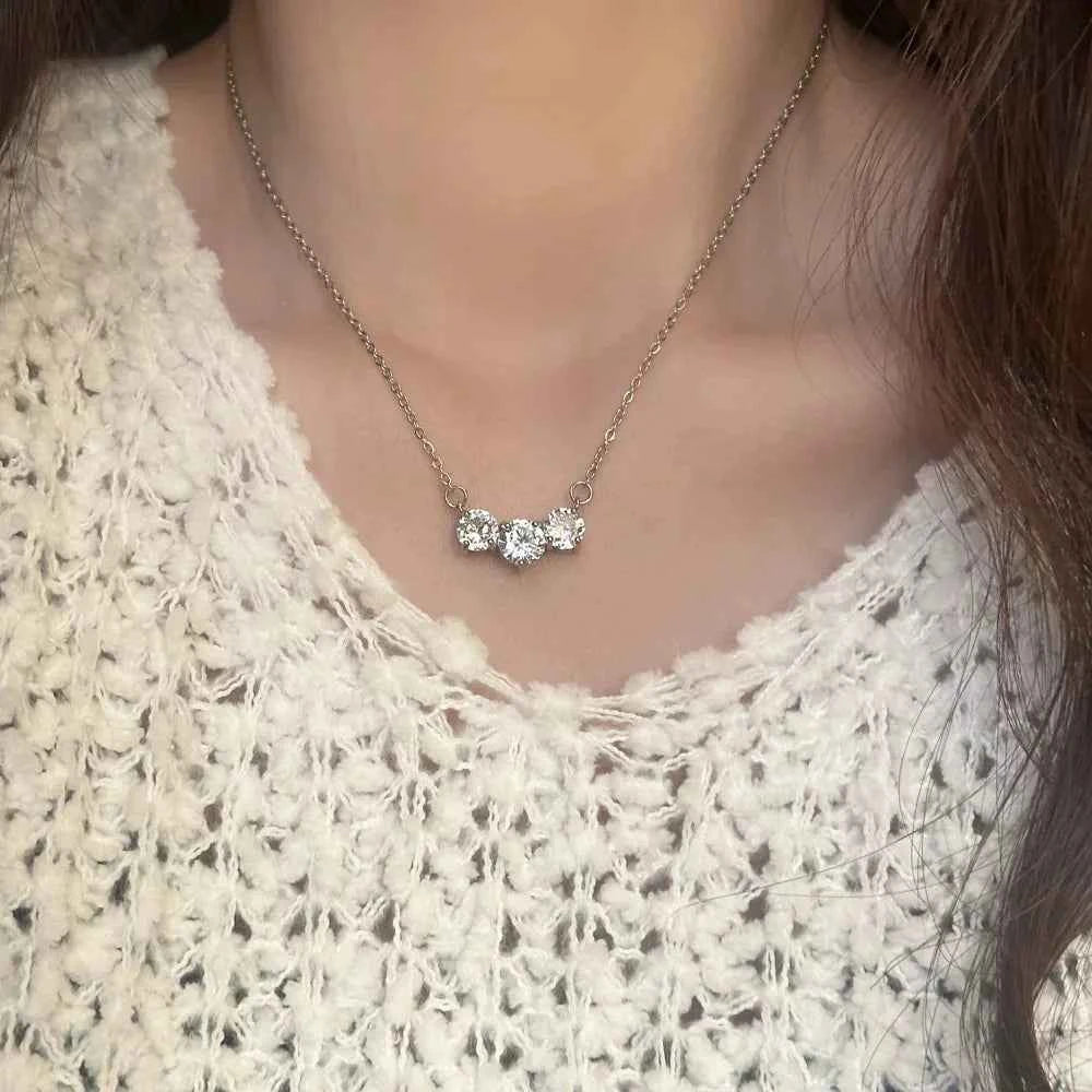 Anziw 4.0cttw 1ct 2.0ct D Moissanite Three Stone Pendant Necklace Real Silver 925 Adjustable Chain Simple Collar Gifts for Women