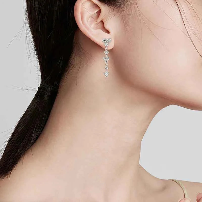 925 Sterling Silver Long Drop Earrings, 4mm D Color Moissanite Piercing Studs – Melisande
