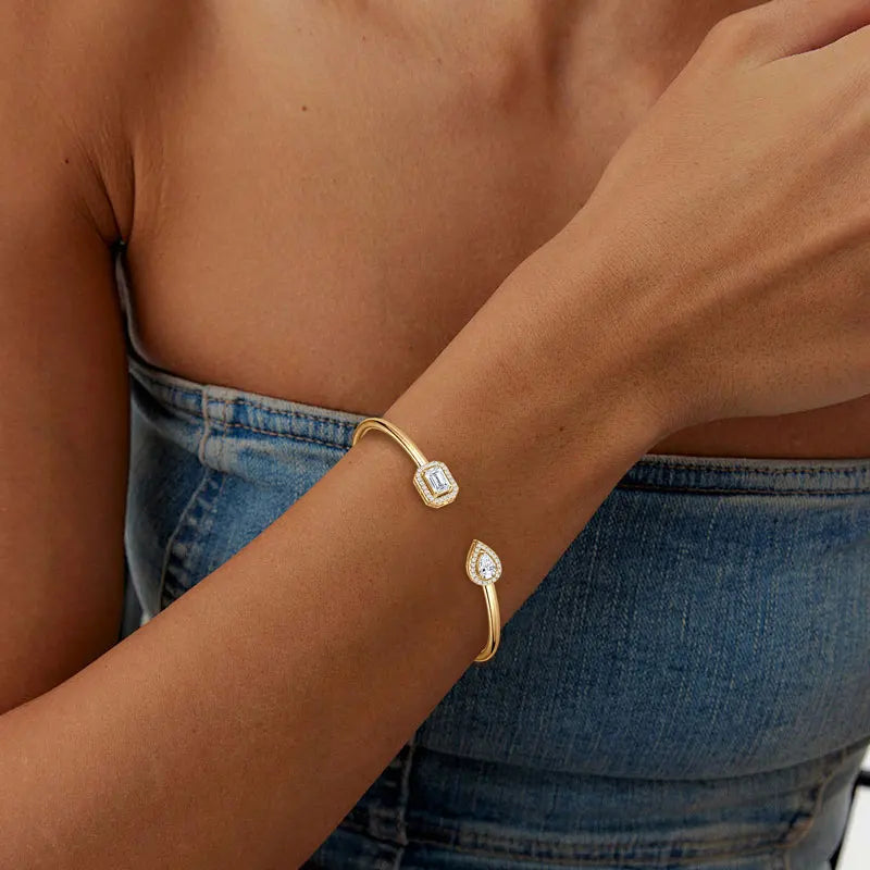 1.3cttw Pear & Emerald Cut Moissanite Bracelet – 925 Sterling Silver Twin Open Bangle Cuff for Women | Melisande