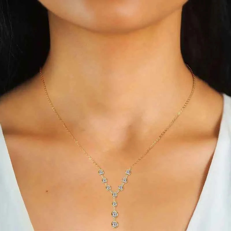 Bezel Y-Shaped Moissanite Necklace, 7-Stone Pendant Design, 18K Gold Plated Real 925 Sterling Silver Adjustable Chain – Melisande