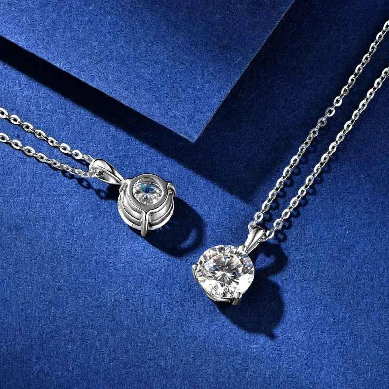 2ct / 1.5ct / 1ct D Color Moissanite Solitaire Pendant Necklace, Three-Claw Design, 8mm & 7.5mm Stones, 925 Sterling Silver Adjustable Chain – Melisande