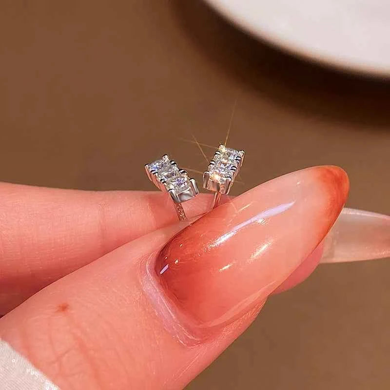 Sparkling 3mm Three-Stone Moissanite Stud Earrings, Real S925 Sterling Silver – Melisande