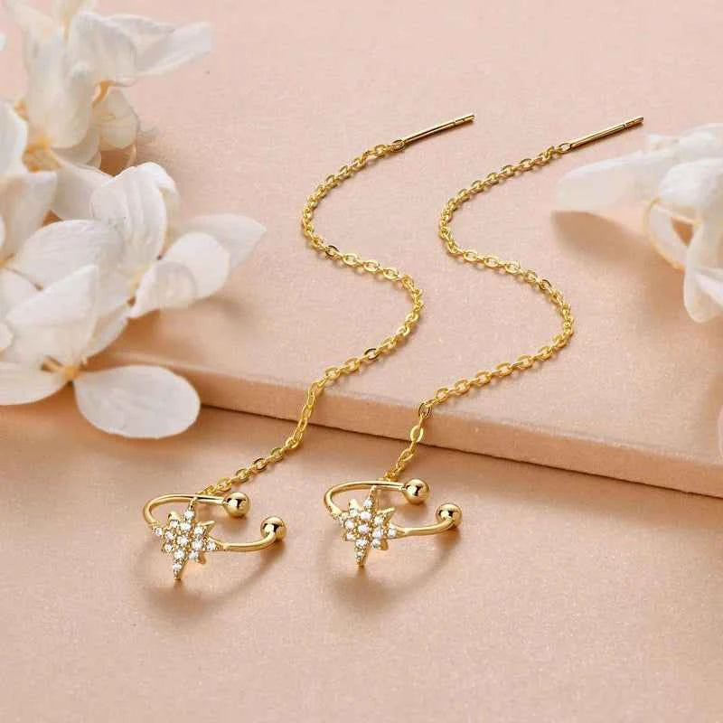 Moissanite Star Ear Line Cuff Climber Earrings, 925 Sterling Silver Long Chain Threader Design – GRA Certified – Melisande