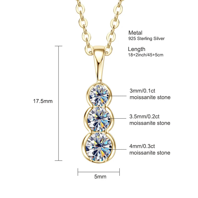 0.60cttw 3-Stone D Color Moissanite Pendant Necklace, 4mm / 3.5mm / 3mm Stones, 18K Gold Plated 925 Sterling Silver Adjustable Chain – Melisande