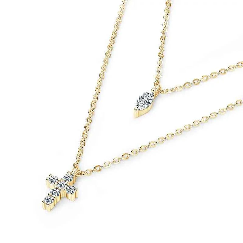 Moissanite Cross Pendant Double Layer Necklace, 925 Sterling Silver Faith & Religion Charm – Melisande