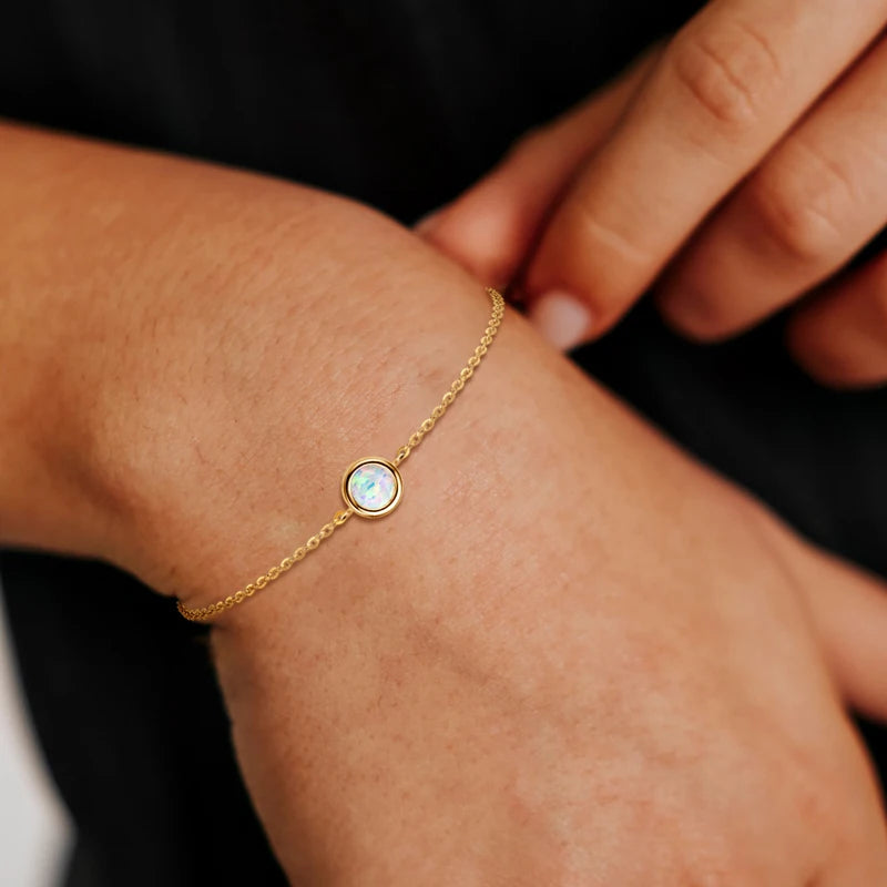 Bezel 6mm White Opal Solitaire Bracelet, Adjustable 925 Sterling Silver Chain  – Melisande