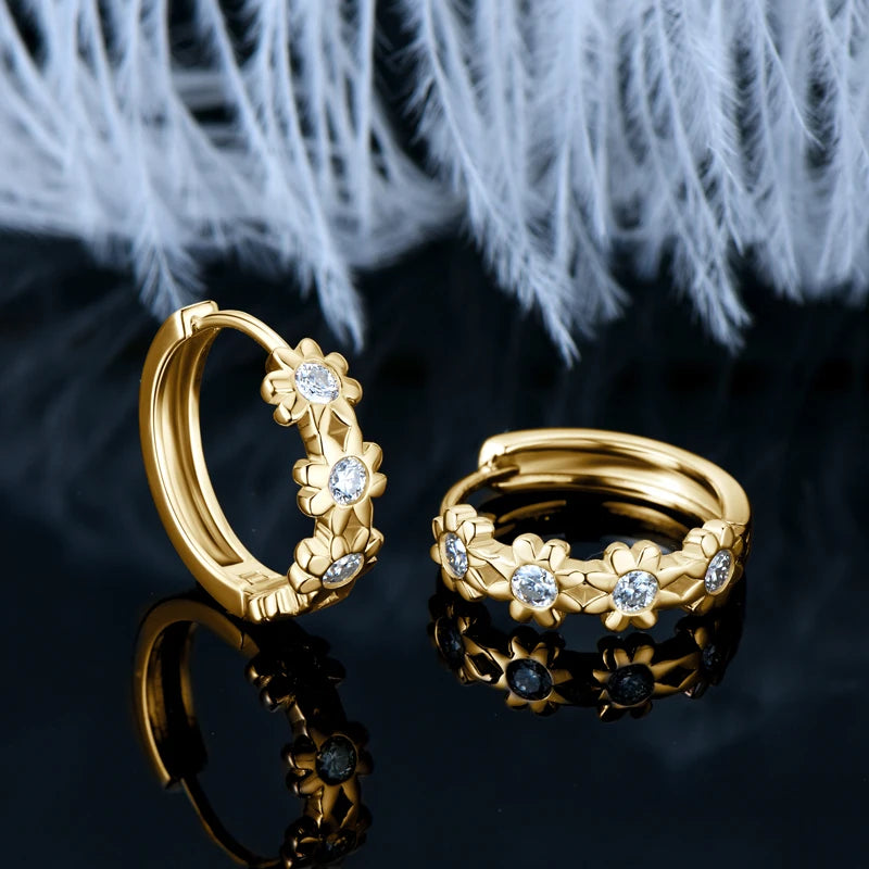 18K Yellow Gold Flower Hoop Earrings – 925 Sterling Silver 2.2mm Moissanite Women’s Fine Jewelry | Melisande