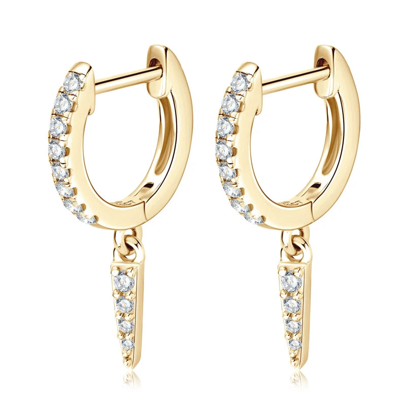 925 Sterling Silver Hoop Huggie Earrings – Triangular Moissanite Drop Design | Melisande