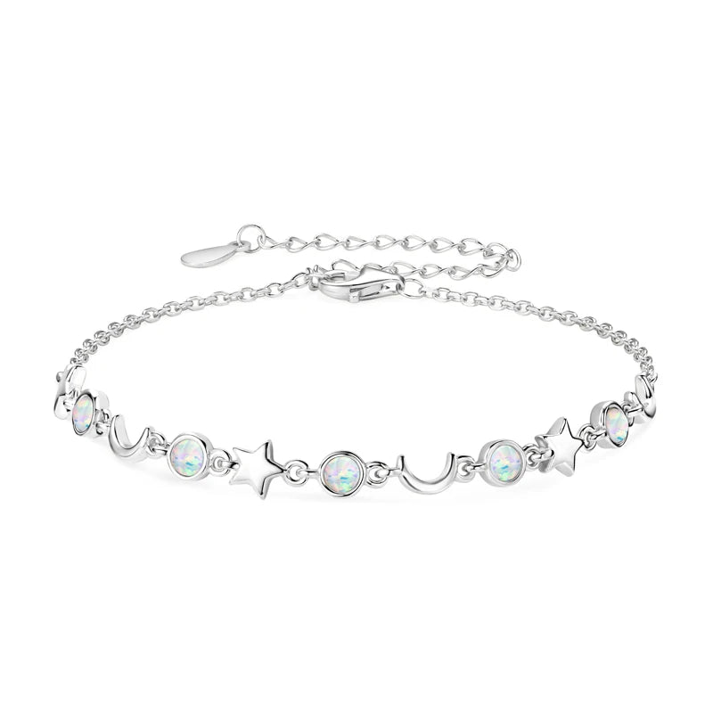 Opal Moon & Star Bracelet, S925 Sterling Silver Chain, Celestial Design Women’s Fine Jewelry – Melisande