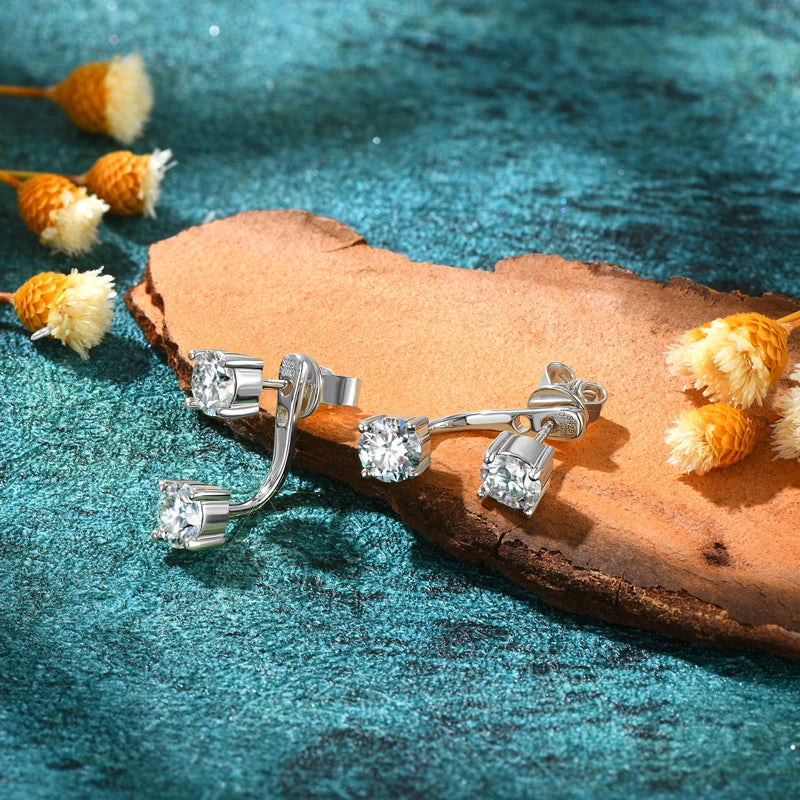 Moissanite Ear Jacket Earrings – 925 Sterling Silver D Color Dual Use Studs for Women Valentine Jewelry | Melisande