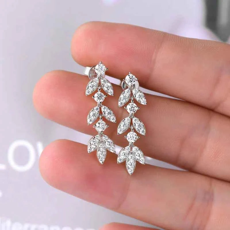 Moissanite Leaf Chandelier Earrings – 925 Sterling Silver Long Drop Dangle Studs Korean Jewelry | Melisande