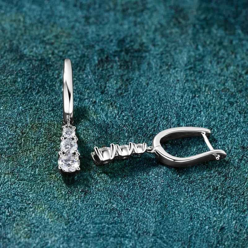 Three-Stone Trilogy Clip Earrings, 1.8cttw Moissanite Pendant Design, 925 Sterling Silver – Melisande