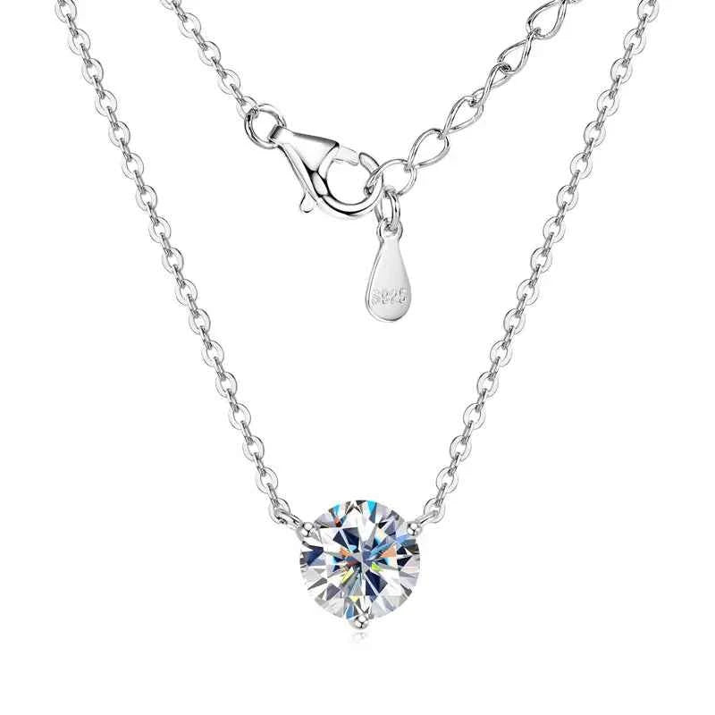 2ct / 1.5ct / 1ct D Color Moissanite Solitaire Pendant Necklace, Three-Claw Design, 8mm & 7.5mm Stones, 925 Sterling Silver Adjustable Chain – Melisande