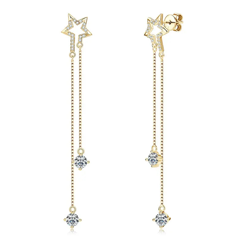 4mm D Color Moissanite Star Tassel Earrings – 925 Sterling Silver Long Chain Dangle Jewelry for Women | Melisande