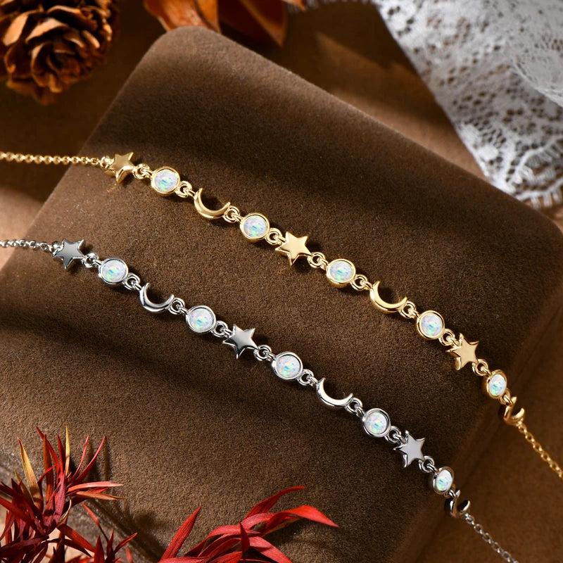 Opal Moon & Star Bracelet, S925 Sterling Silver Chain, Celestial Design Women’s Fine Jewelry – Melisande