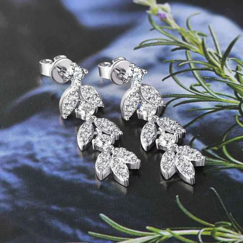 Moissanite Leaf Chandelier Earrings – 925 Sterling Silver Long Drop Dangle Studs Korean Jewelry | Melisande