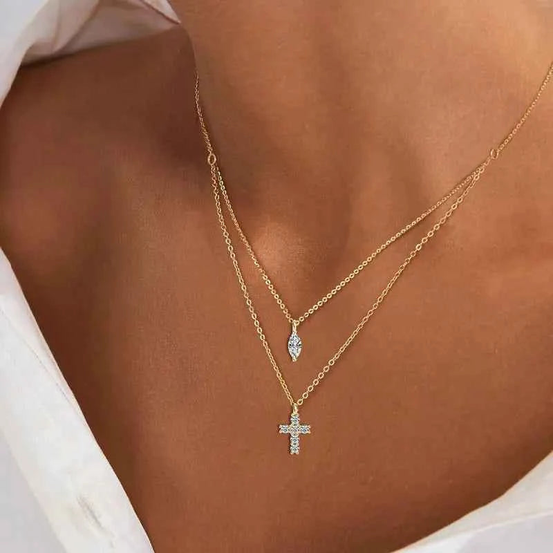 Moissanite Cross Pendant Double Layer Necklace, 925 Sterling Silver Faith & Religion Charm – Melisande
