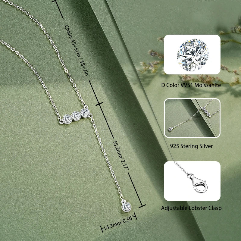 925 Sterling Silver Y Lariat Moissanite Necklace – 3mm Bezel Round Pendant 2024 Jewelry for Women | Melisande
