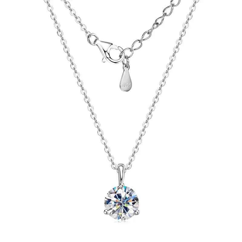 2ct / 1.5ct / 1ct D Color Moissanite Solitaire Pendant Necklace, Three-Claw Design, 8mm & 7.5mm Stones, 925 Sterling Silver Adjustable Chain – Melisande