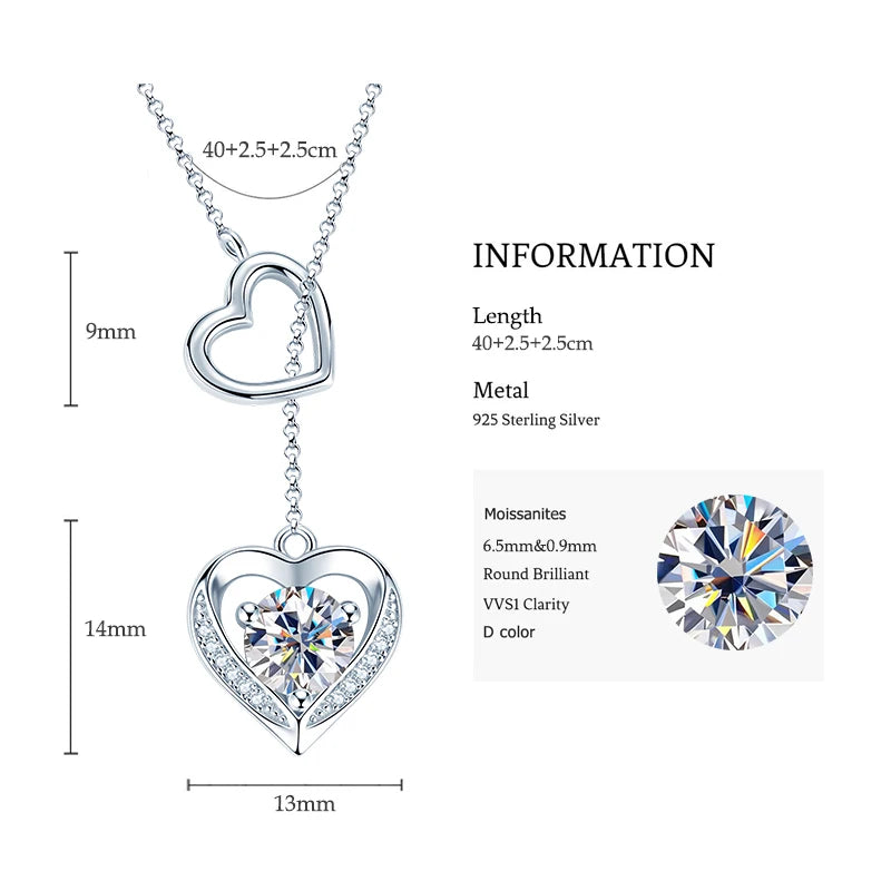 Double Love Heart Moissanite Pendant Necklace, 6.5mm 1.0ct D Color Stone, S925 Sterling Silver Adjustable Chain – Melisande